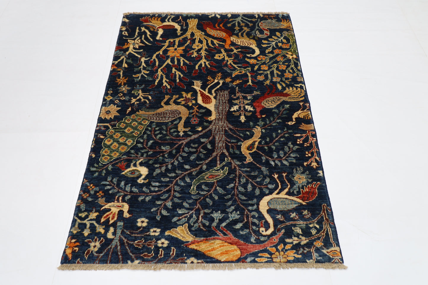 103 x 151 cm | Birds Navy Afghan Tribal Hand Knotted Wool Carpet