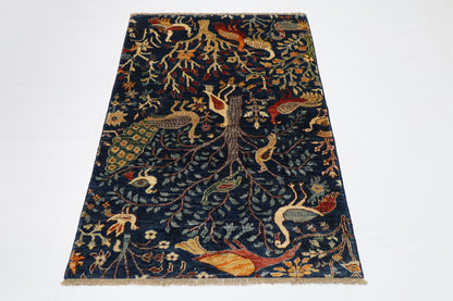 103 x 151 cm | Birds Navy Afghan Tribal Hand Knotted Wool Carpet