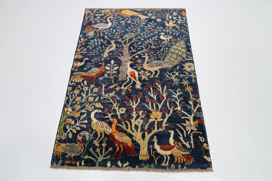 103 x 151 cm | Birds Navy Afghan Tribal Hand Knotted Wool Carpet