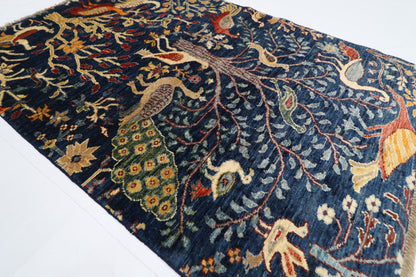 103 x 151 cm | Birds Navy Afghan Tribal Hand Knotted Wool Carpet