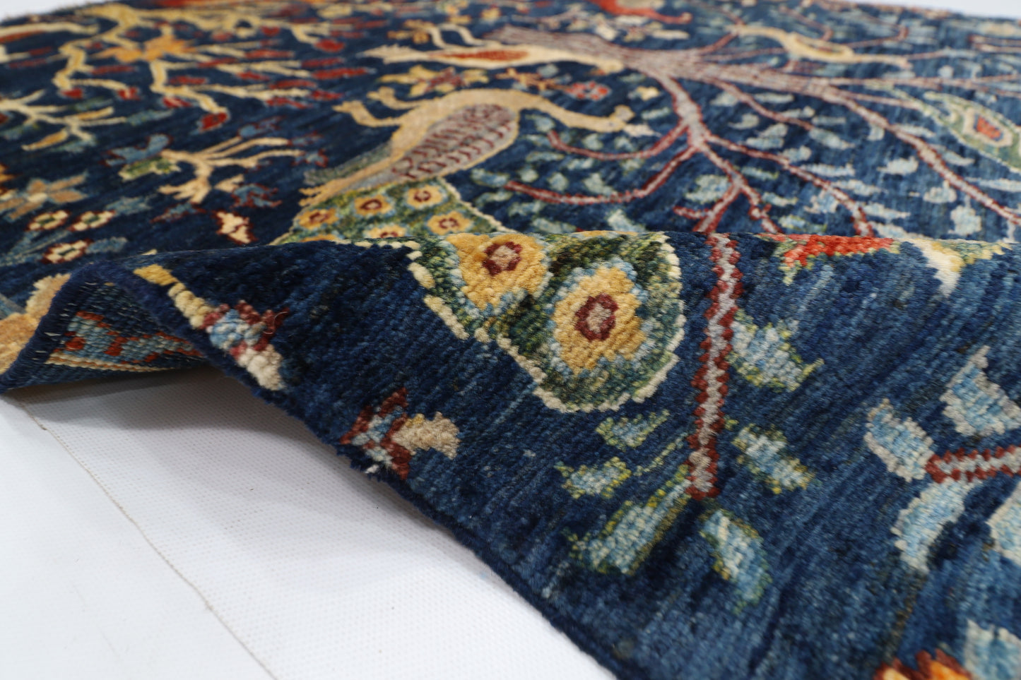 103 x 151 cm | Birds Navy Afghan Tribal Hand Knotted Wool Carpet