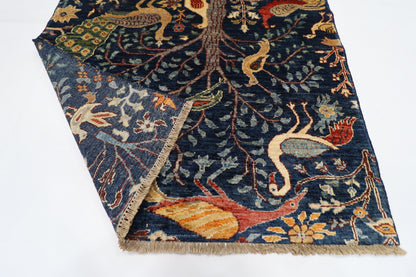 103 x 151 cm | Birds Navy Afghan Tribal Hand Knotted Wool Carpet