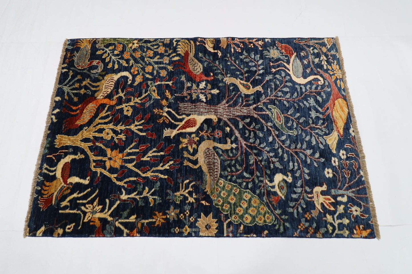 103 x 151 cm | Birds Navy Afghan Tribal Hand Knotted Wool Carpet