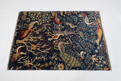103 x 151 cm | Birds Navy Afghan Tribal Hand Knotted Wool Carpet