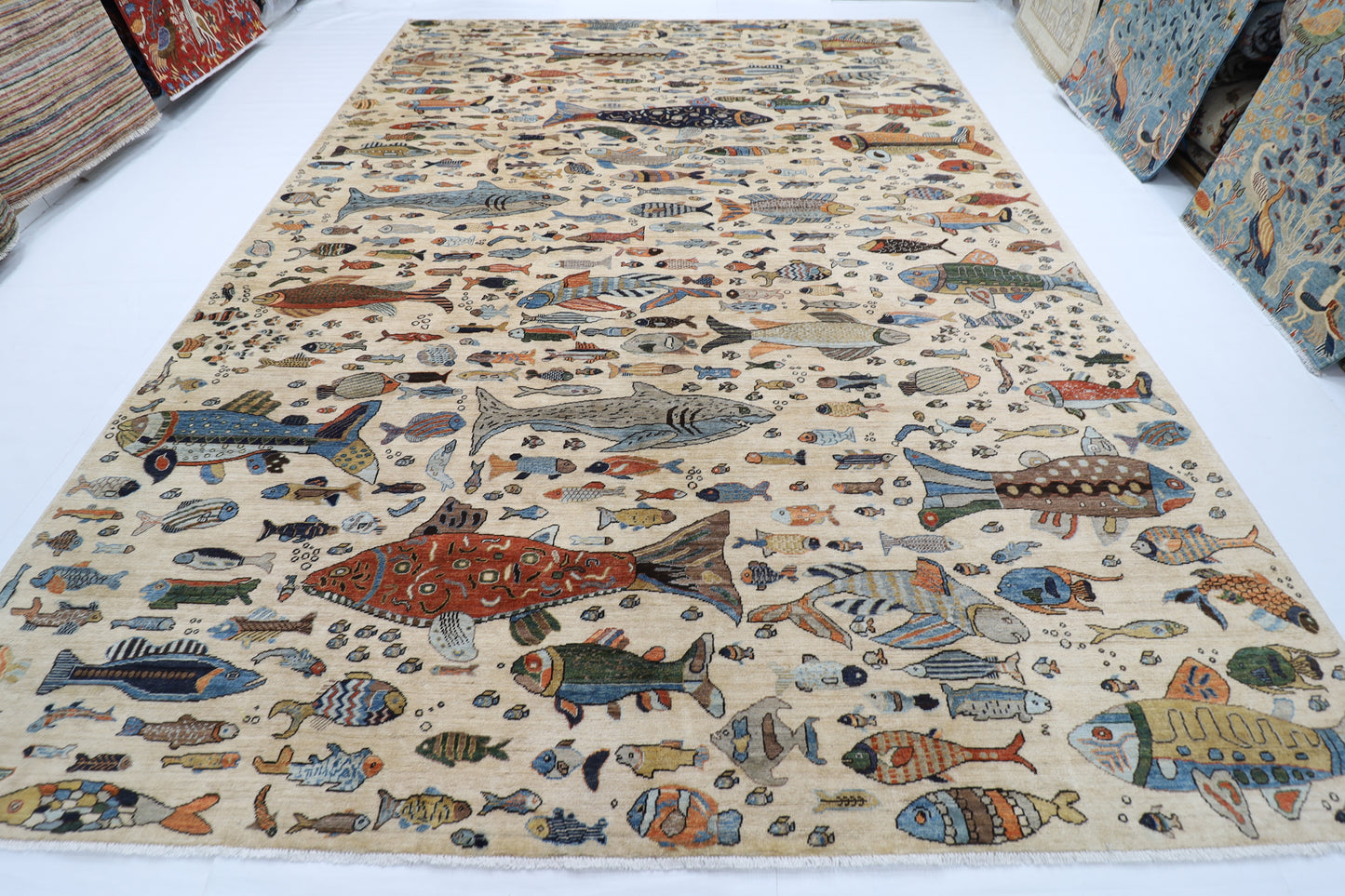 300 x 420 cm | Oriental Fish beige Area Rug Afghan Hand Knotted Veg Dye Wool carpet