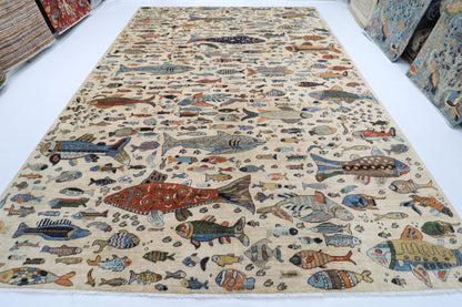 300 x 420 cm | Oriental Fish beige Area Rug Afghan Hand Knotted Veg Dye Wool carpet