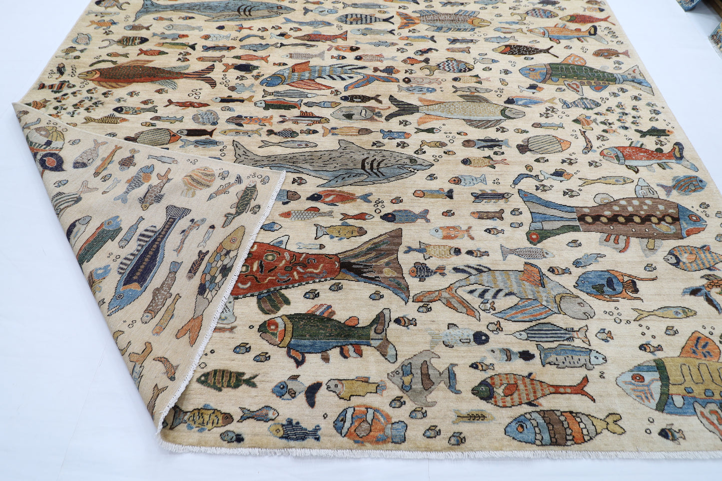 300 x 420 cm | Oriental Fish beige Area Rug Afghan Hand Knotted Veg Dye Wool carpet