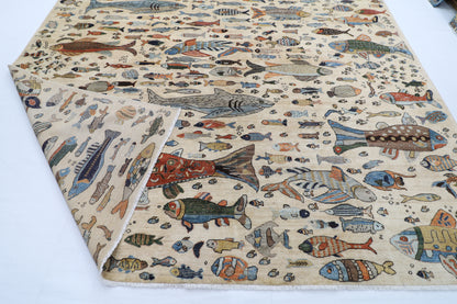 300 x 420 cm | Oriental Fish beige Area Rug Afghan Hand Knotted Veg Dye Wool carpet