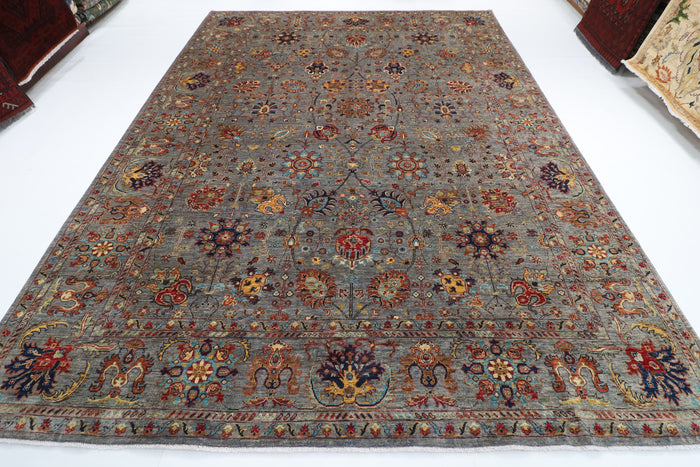 274 x 366 cm | Sultani Gray Design Hand Knotted veg Dye Wool Afghan Carpet