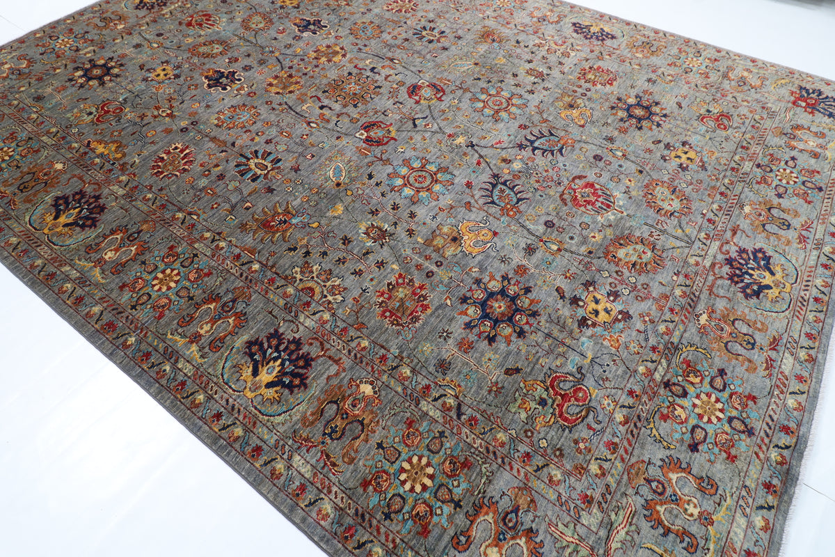 274 x 366 cm | Sultani Gray Design Hand Knotted veg Dye Wool Afghan Carpet