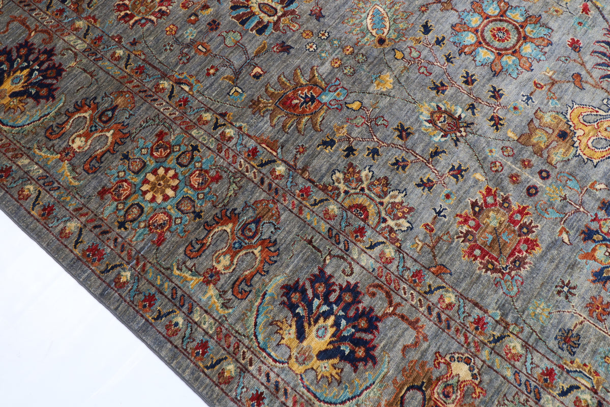 274 x 366 cm | Sultani Gray Design Hand Knotted veg Dye Wool Afghan Carpet