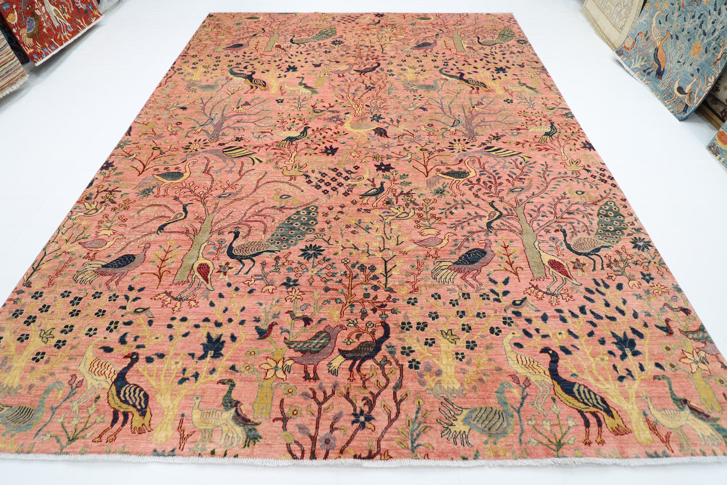 272 x 358 cm | Oriental Birds Pink Area Rug Afghan Hand Knotted Veg Dye Wool carpet