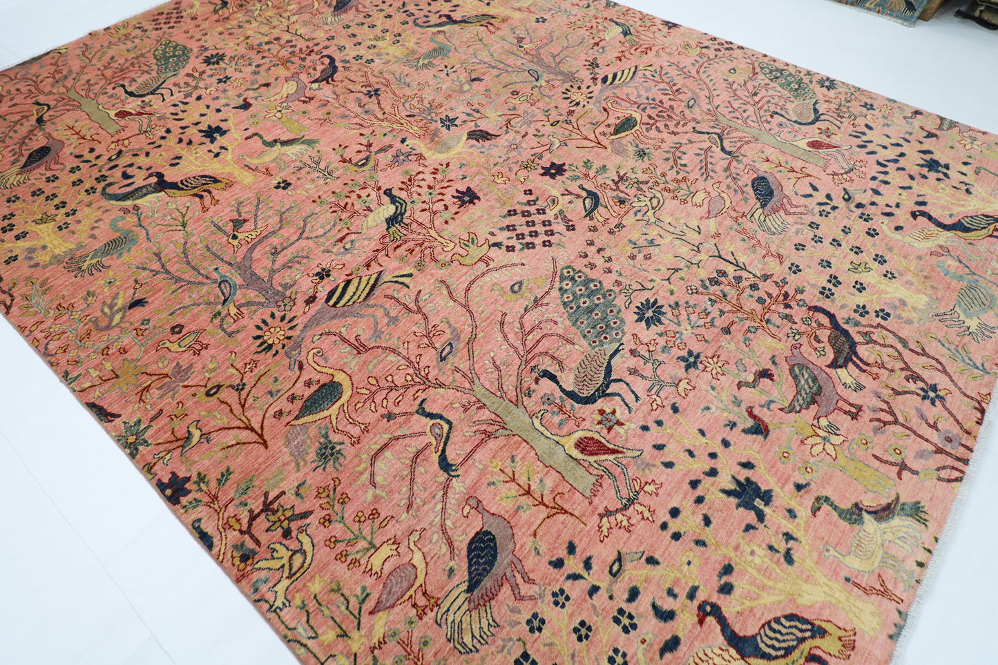 272 x 358 cm | Oriental Birds Pink Area Rug Afghan Hand Knotted Veg Dye Wool carpet