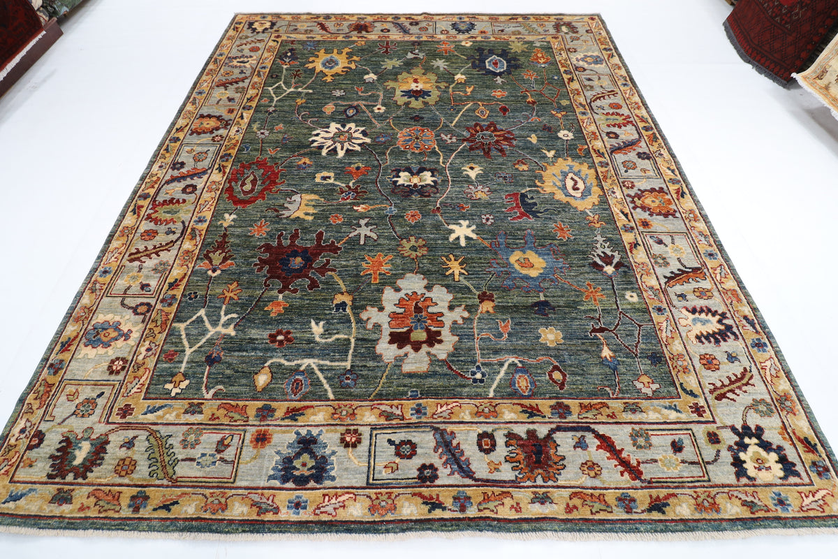 247 x 301 cm | Oushak Green Design Hand Knotted veg Dye Wool Afghan Carpet