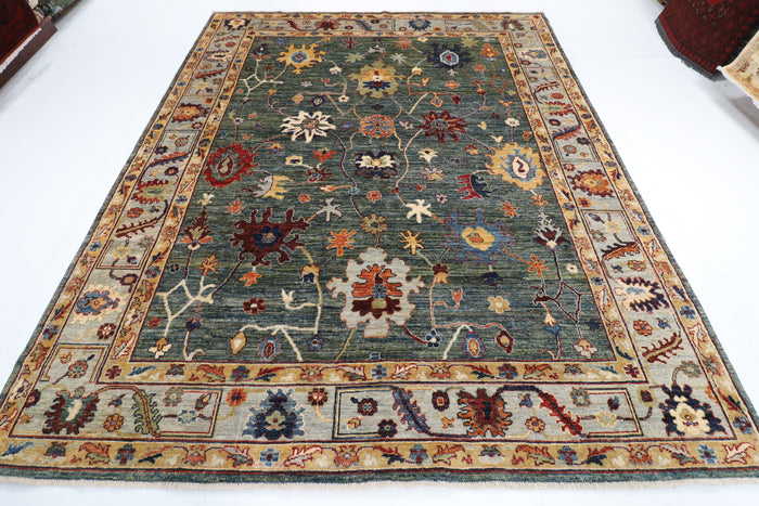 247 x 301 cm | Oushak Green Design Hand Knotted veg Dye Wool Afghan Carpet