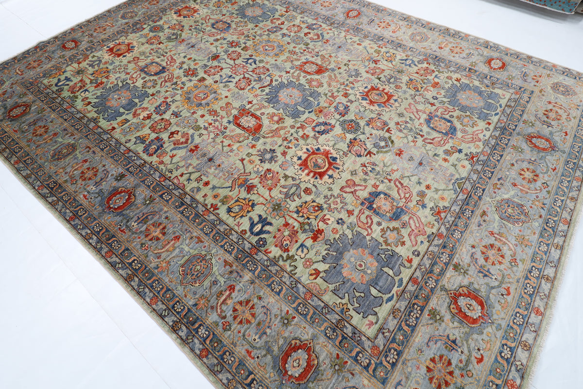 274 x 359 cm | Serapi Olive Green Design Hand Knotted veg Dye Wool Afghan Carpet