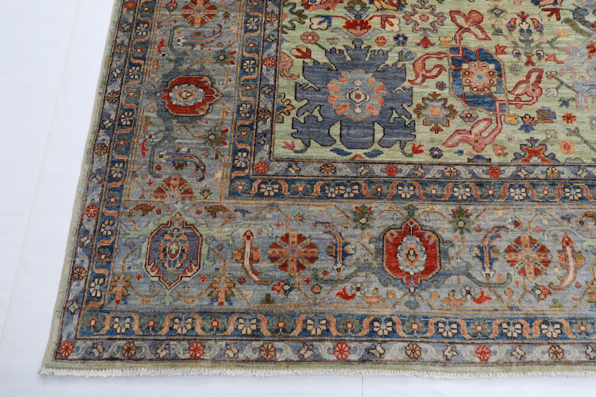 274 x 359 cm | Serapi Olive Green Design Hand Knotted veg Dye Wool Afghan Carpet