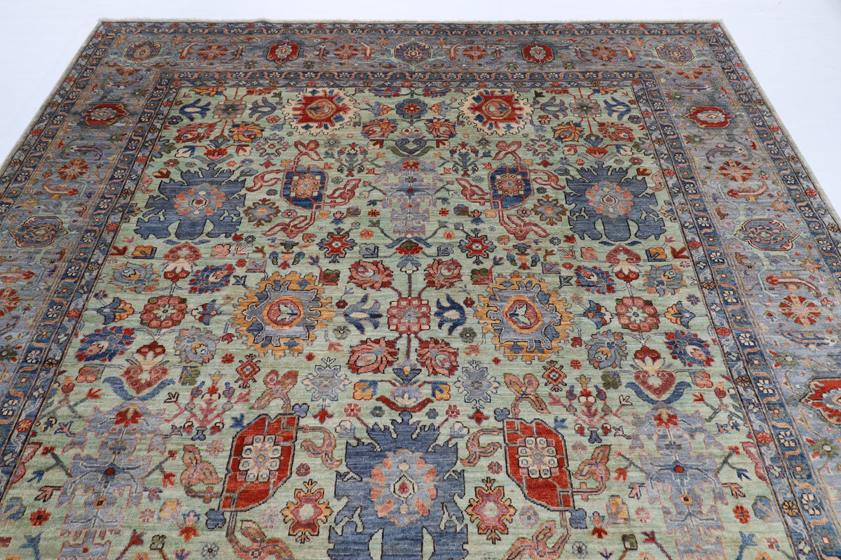 274 x 359 cm | Serapi Olive Green Design Hand Knotted veg Dye Wool Afghan Carpet