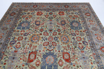 274 x 359 cm | Serapi Olive Green Design Hand Knotted veg Dye Wool Afghan Carpet