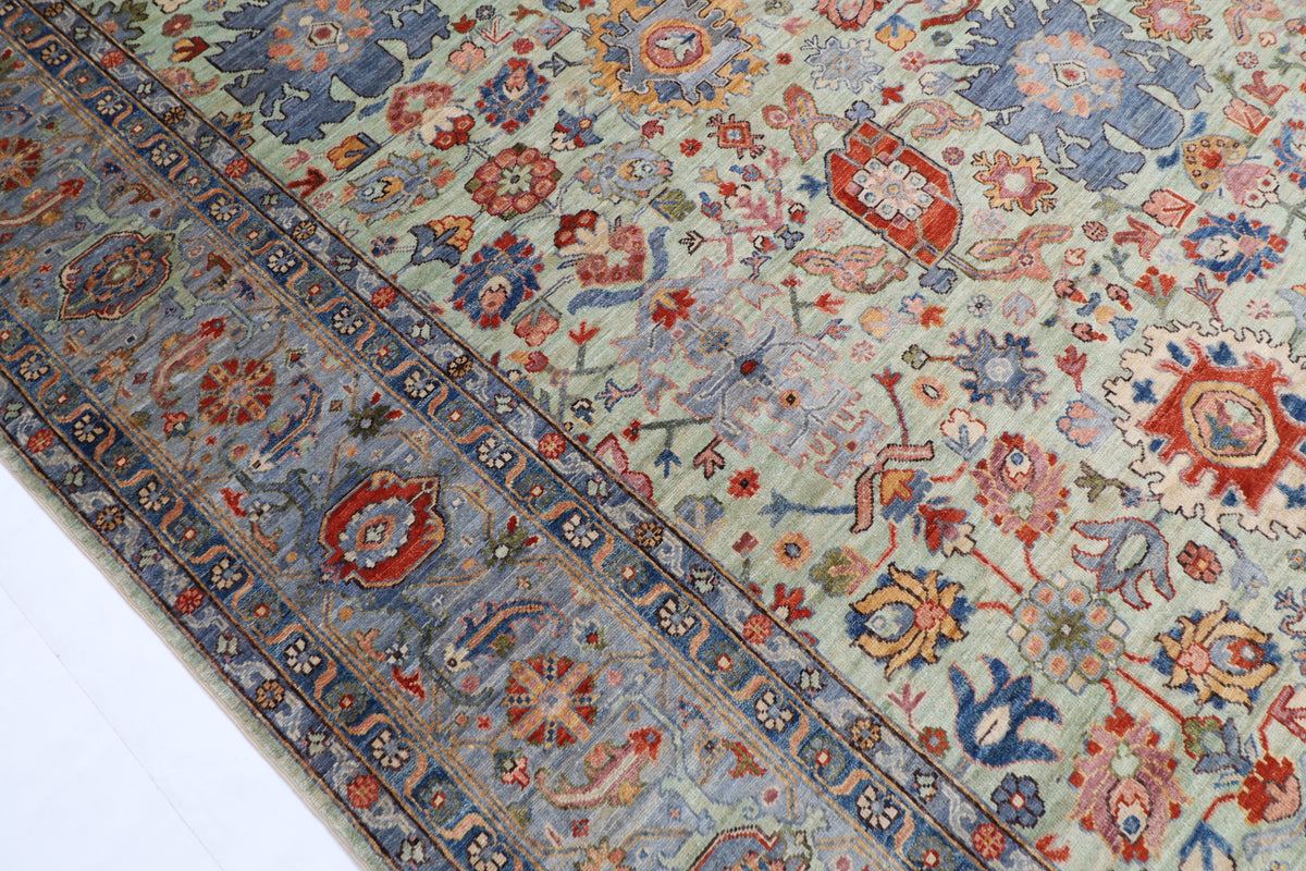 274 x 359 cm | Serapi Olive Green Design Hand Knotted veg Dye Wool Afghan Carpet