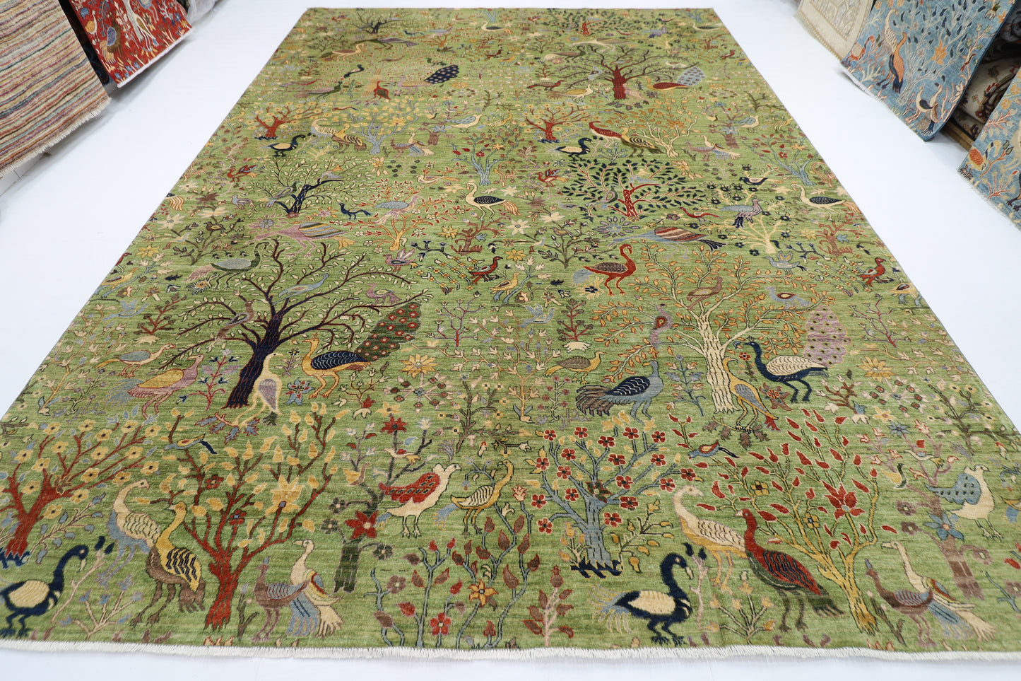 302 x 418 cm | Oriental Birds Green Area Rug Afghan Hand Knotted Veg Dye Wool carpet