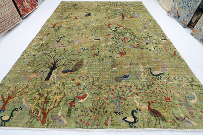 302 x 418 cm | Oriental Birds Green Area Rug Afghan Hand Knotted Veg Dye Wool carpet