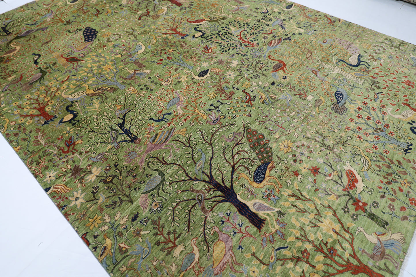 302 x 418 cm | Oriental Birds Green Area Rug Afghan Hand Knotted Veg Dye Wool carpet