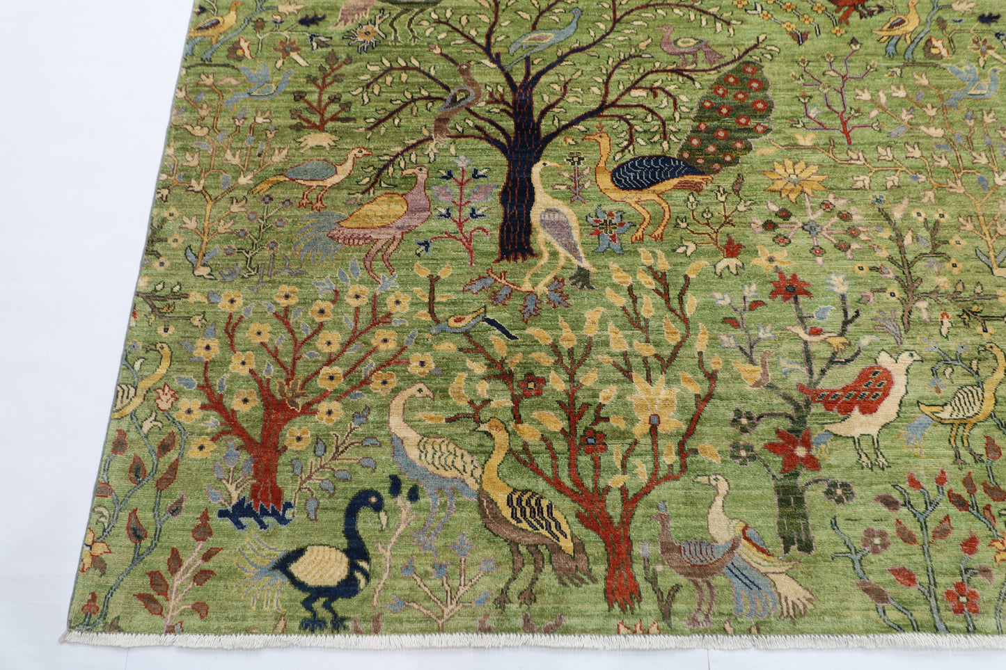 302 x 418 cm | Oriental Birds Green Area Rug Afghan Hand Knotted Veg Dye Wool carpet