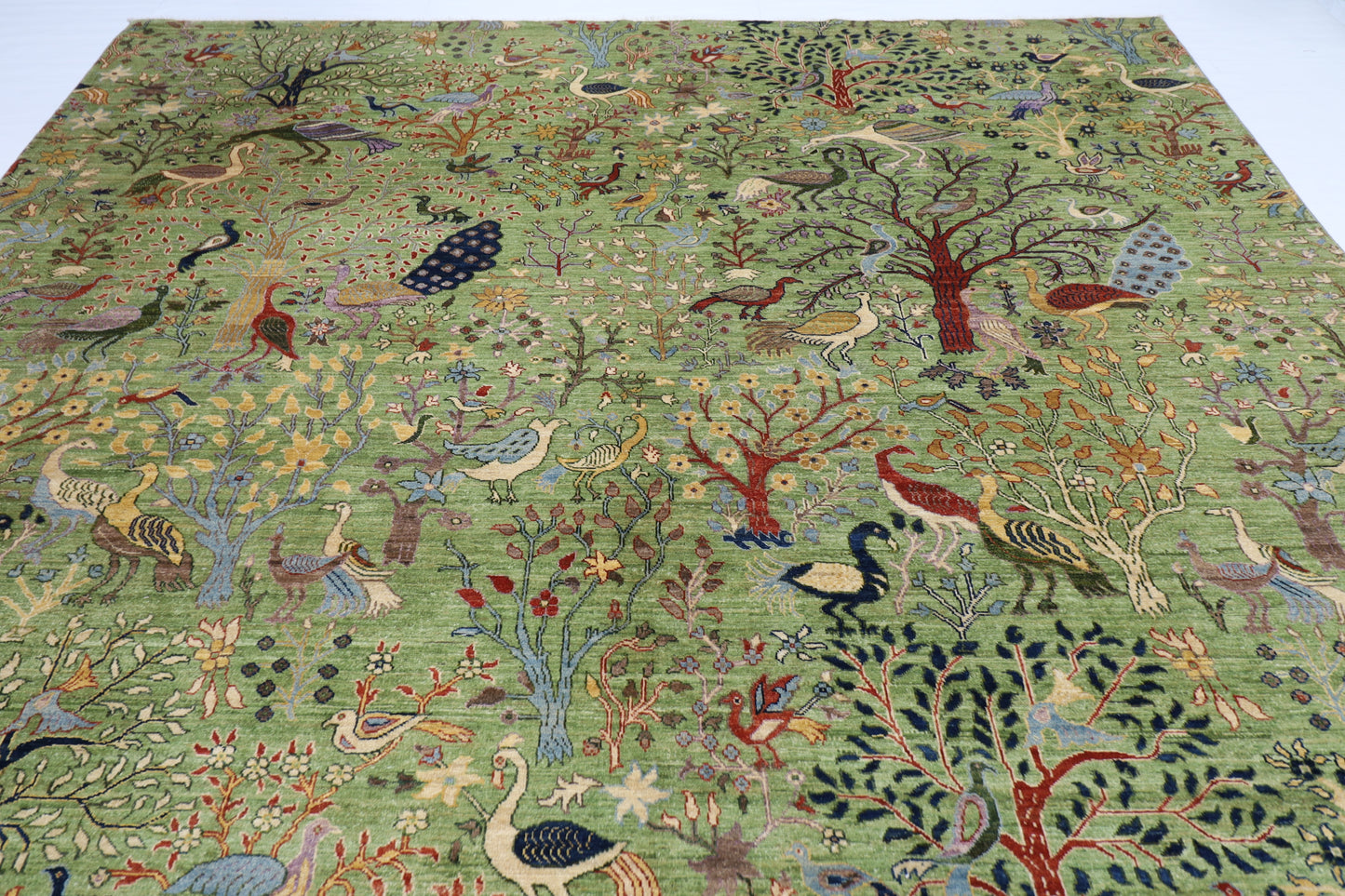 302 x 418 cm | Oriental Birds Green Area Rug Afghan Hand Knotted Veg Dye Wool carpet