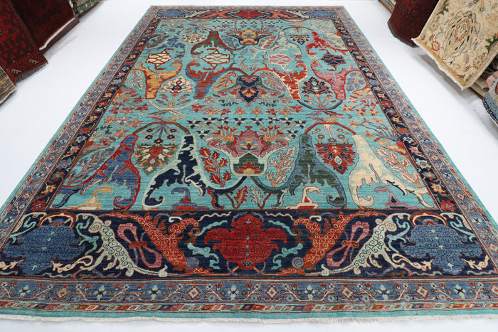 302 x 421 cm | kawros Turquoise Design Hand Knotted veg Dye Wool Afghan Carpet