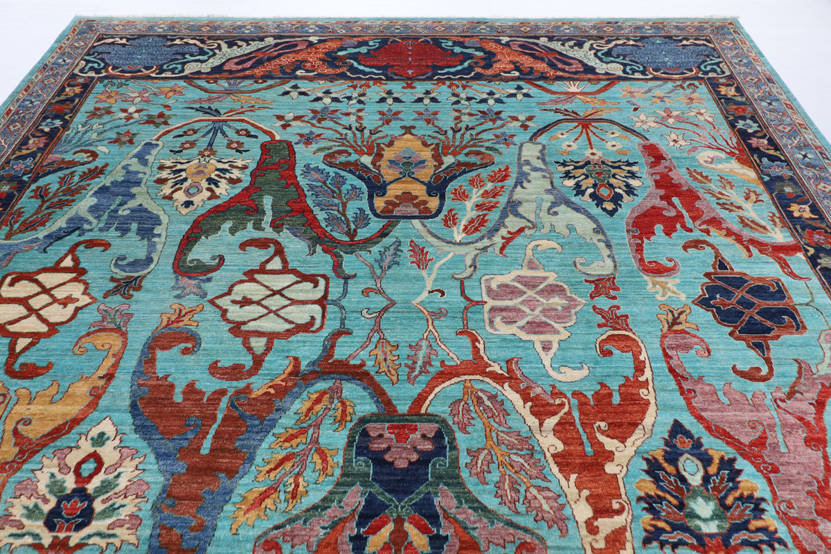 302 x 421 cm | kawros Turquoise Design Hand Knotted veg Dye Wool Afghan Carpet