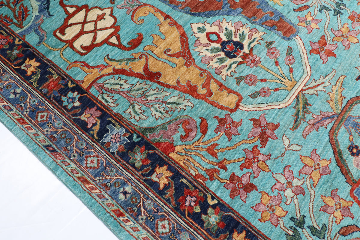 302 x 421 cm | kawros Turquoise Design Hand Knotted veg Dye Wool Afghan Carpet