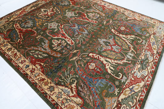 251 x 299 cm | Kawros Green Design Hand Knotted veg Dye Wool Afghan Carpet