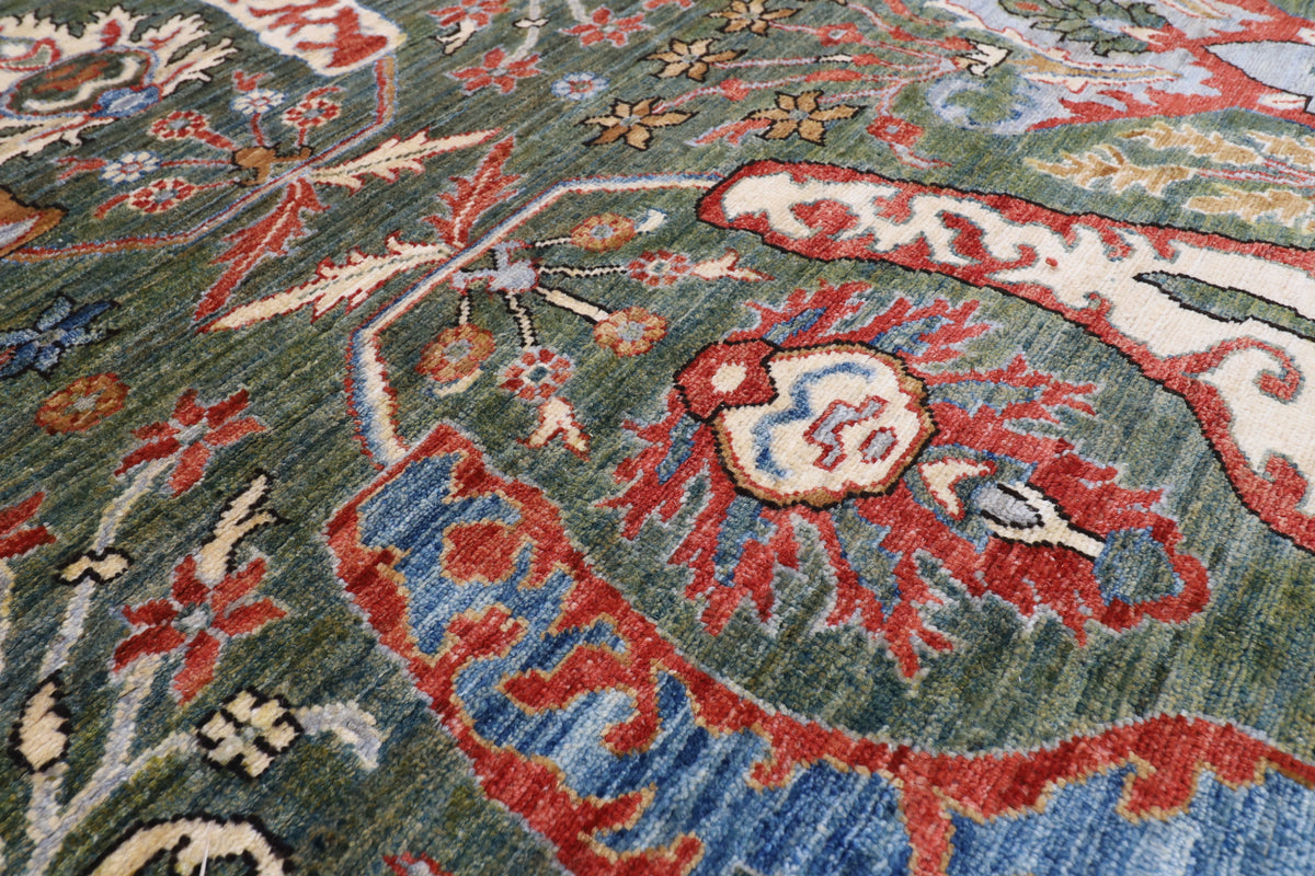 251 x 299 cm | Kawros Green Design Hand Knotted veg Dye Wool Afghan Carpet