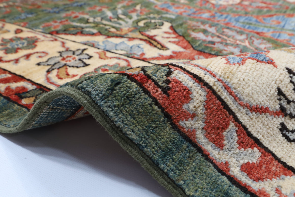 251 x 299 cm | Kawros Green Design Hand Knotted veg Dye Wool Afghan Carpet