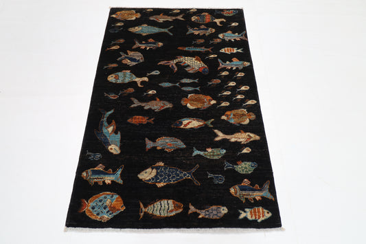 97 x 146 cm | Fish Black Area Rug Afghan Hand Knotted veg Dye Wool carpet