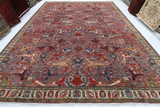 358 x 460 cm | Large Kawros Pink Design Hand Knotted veg Dye Wool Afghan Carpet