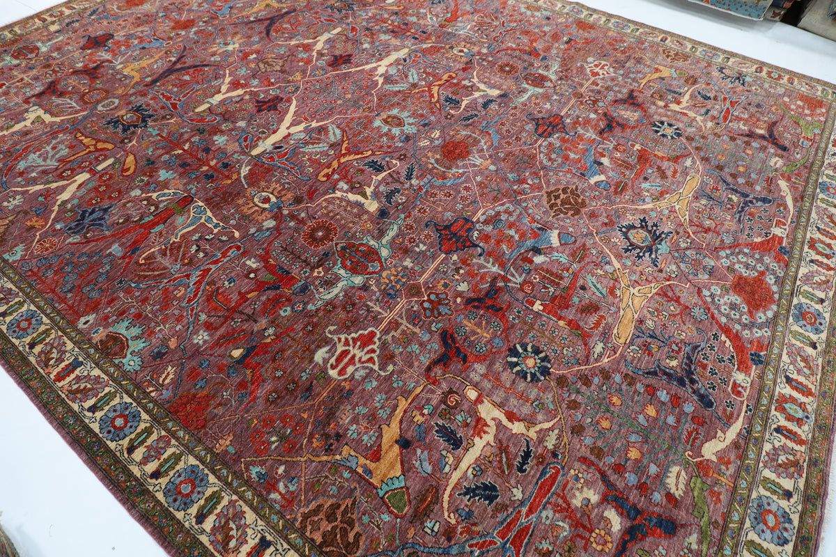 358 x 460 cm | Large Kawros Pink Design Hand Knotted veg Dye Wool Afghan Carpet