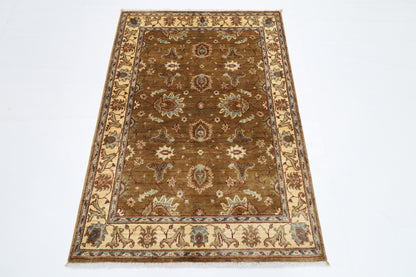 104 x 148 cm | Floral Brown Area Rug Afghan Hand Knotted veg Dye Wool carpet