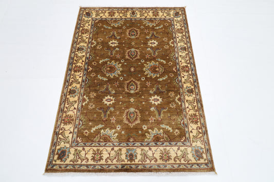 104 x 148 cm | Floral Brown Area Rug Afghan Hand Knotted veg Dye Wool carpet