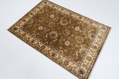 104 x 148 cm | Floral Brown Area Rug Afghan Hand Knotted veg Dye Wool carpet