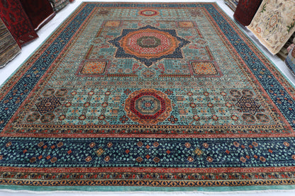 395 x 485 cm | Large Mamluk Design Hand Knotted veg Dye Wool Afghan Carpet