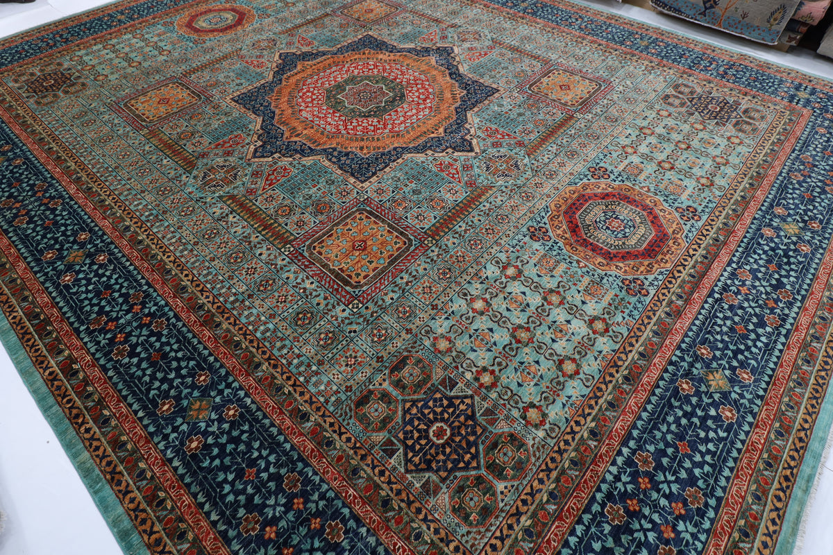 395 x 485 cm | Large Mamluk Design Hand Knotted veg Dye Wool Afghan Carpet
