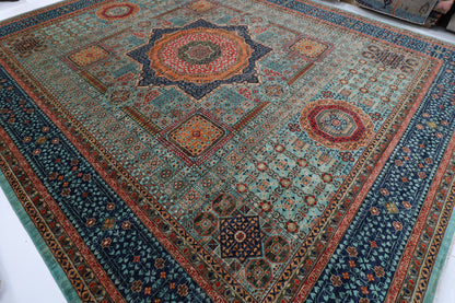 395 x 485 cm | Large Mamluk Design Hand Knotted veg Dye Wool Afghan Carpet