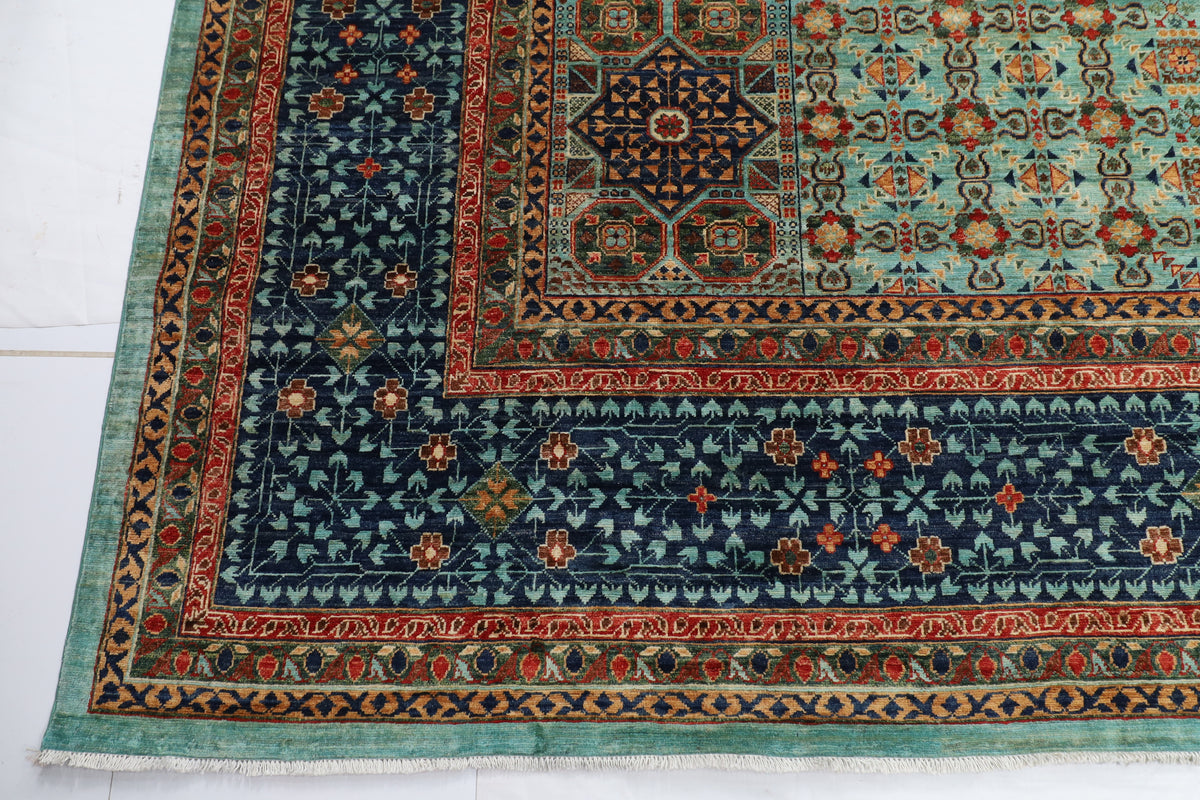 395 x 485 cm | Large Mamluk Design Hand Knotted veg Dye Wool Afghan Carpet
