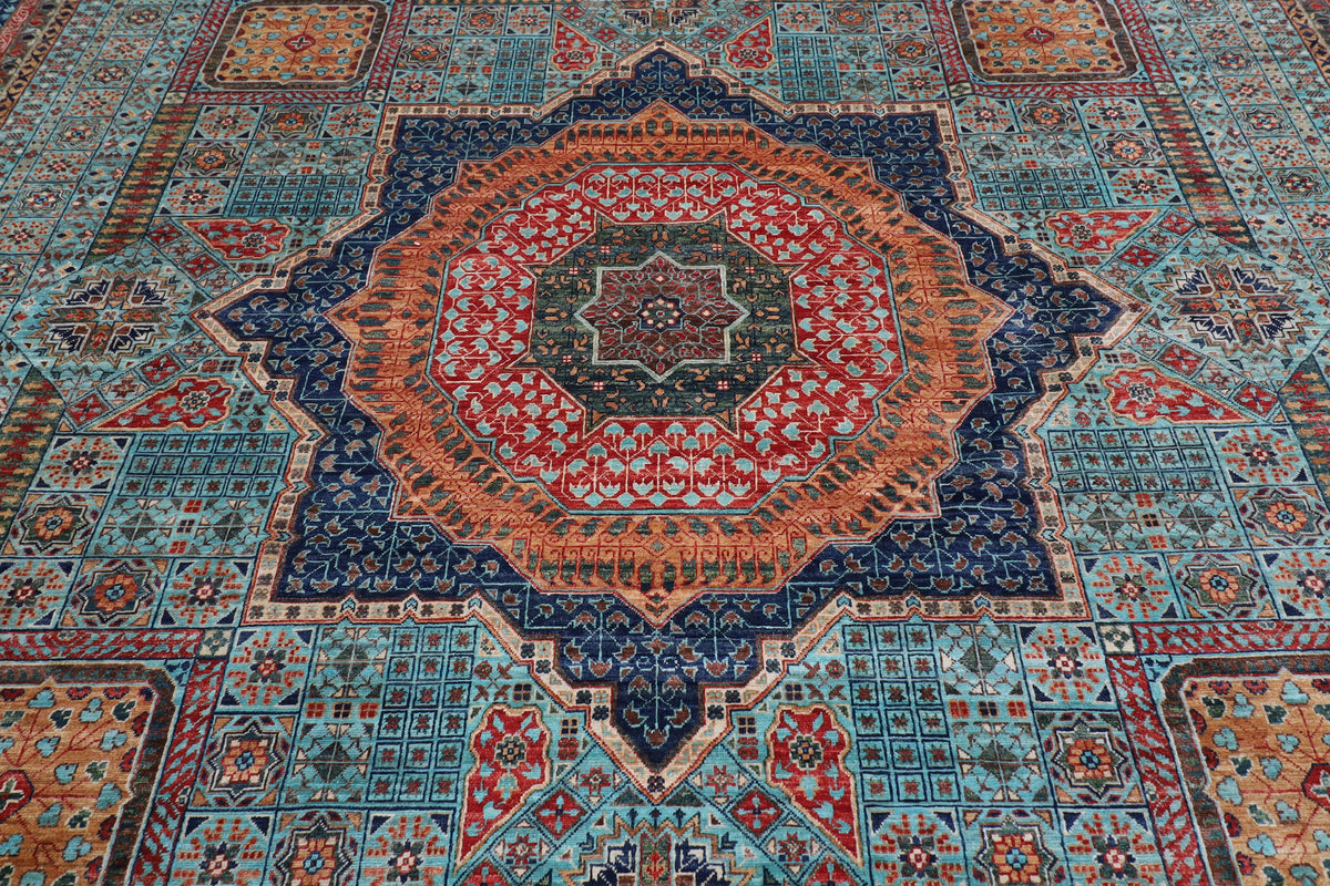 395 x 485 cm | Large Mamluk Design Hand Knotted veg Dye Wool Afghan Carpet