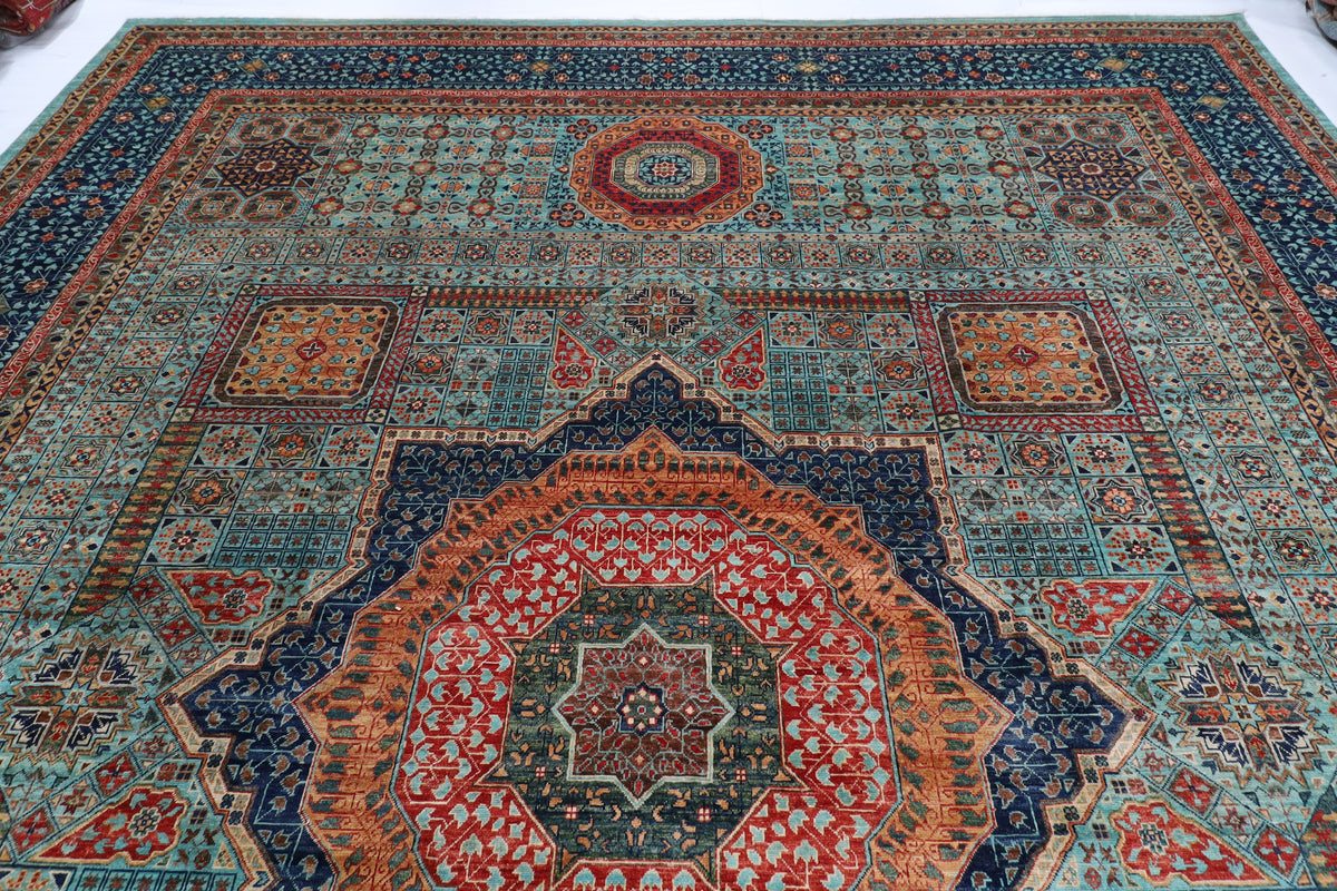 395 x 485 cm | Large Mamluk Design Hand Knotted veg Dye Wool Afghan Carpet