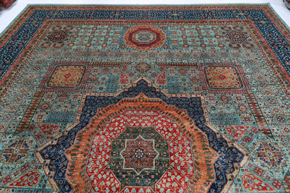395 x 485 cm | Large Mamluk Design Hand Knotted veg Dye Wool Afghan Carpet
