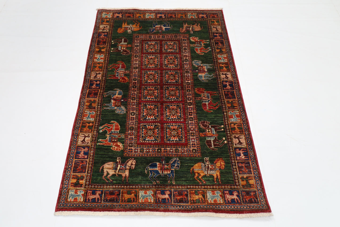 100 x 152 cm | Green Animal Area Rug Afghan Hand Knotted veg Dye Wool carpet