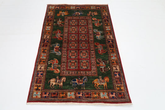 100 x 152 cm | Green Animal Area Rug Afghan Hand Knotted veg Dye Wool carpet